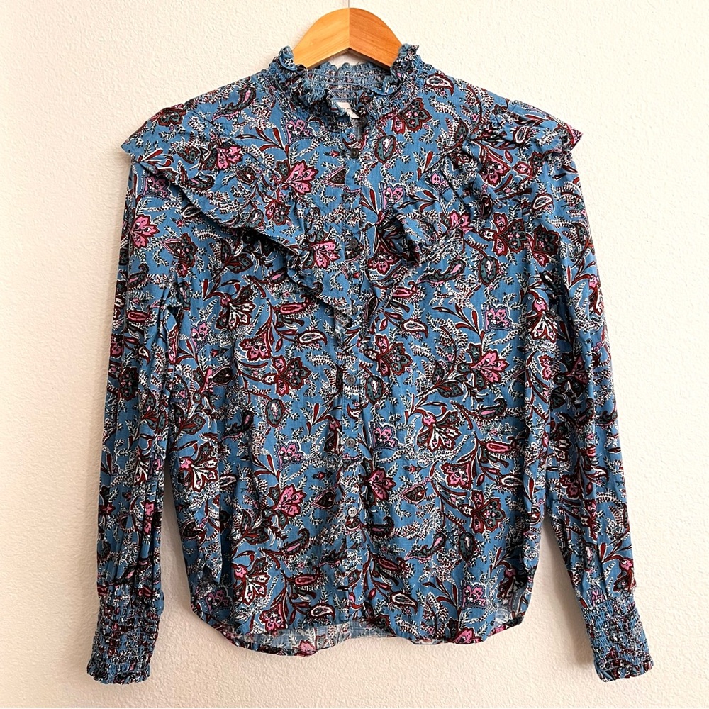 LOFT Smocked Ruffle Neck Floral Button Up Shirt Long Sleeve